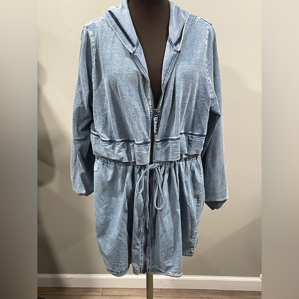Ulla Popken Denim Blue tunic sweatshirt with zipper from and drawstring waist